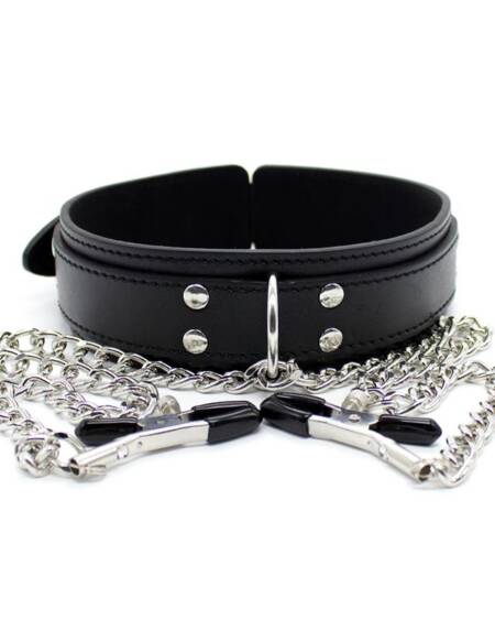 Collar con Pezoneras y Cadena de Metal Negro