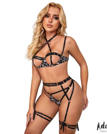 Lily Set Sujetador, Tanga, Liguero y Ligas Estampado Leopardo