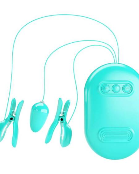 Surprise Box Huevo Vibrador y Pinzas para Pezones con Electro Estimulación Azul