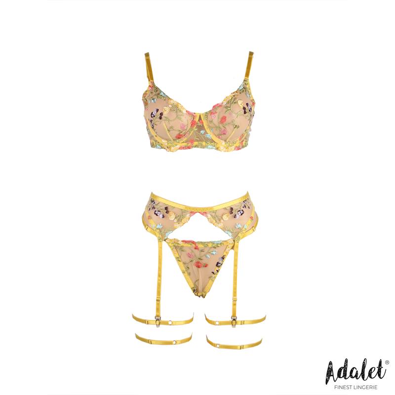 Zoey Set Sujetador, Tanga, Liguero y Ligas Amarillo Floral - Imagen 3